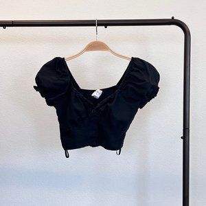 Princess Polly Button Up Crop Top with Short Puffy Sleeves Black -- Size 0